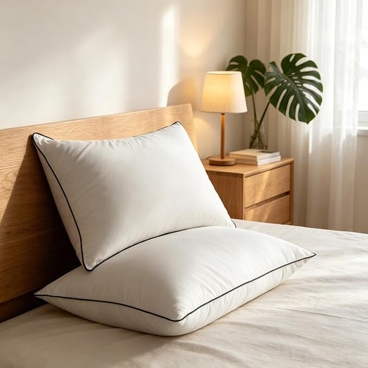 Hotel Collection Down Bed Pillows Standard Size Set of 2, Breathable Cotton Blend Shell Cover,Medium Firm, Down Fiber Pillows for Sleeping - Soft Support for Back, Stomach or Side Sleepers