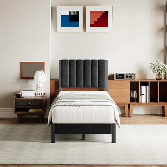 Avenco Twin Size Bed Frame with Velvet Upholstered Piano Keys Headboard, Metal Platform Bed Frame with Metal Slats for Bedroom, Black