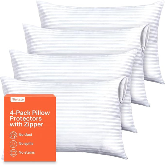 Ultra Soft Pillow Protectors with Zipper Standard Size - Set of 4 Breathable Pillow Covers - 100% Protection Against Stains, Dust & Dirt - Machine Washable (Dark White)