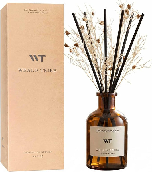 WEALD TRIBE Flower Reed Diffuser Set Clean White Linen Scent for Bathroom Air Fresheners | 4.0 fl oz Essential Oils with Sticks Home Fragrance Defusers | House Bedroom Office Shelf Decor & Gift