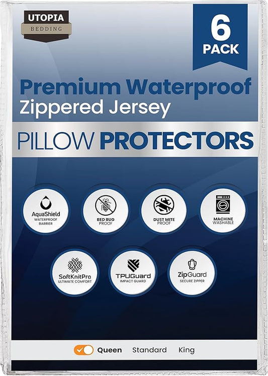 Set of 6 Pillow Protectors with Zipper Queen Size, Bed Bug and Dust Mite Proof Pillow Covers, Ultra Soft Pillow Encasements, Moisture Wicking and Waterproof Pillow Cases by Utopia Bedding (White)