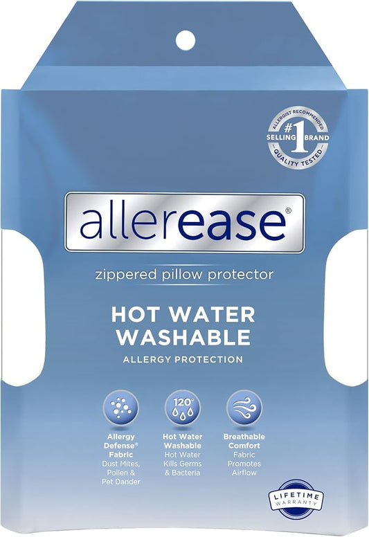 AllerEase Hot Water Wash Breathable Advanced Protection Machine Washable Durable Zippered Pillow Protector, Standard/Queen Size 2 Pack, White