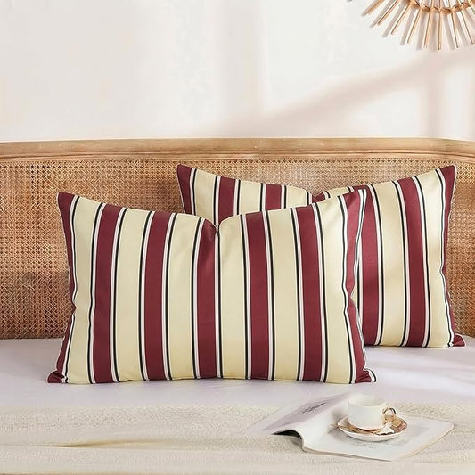 Merryword 100% Cotton Pillow Cases, Standard Size Pillowcases, Burgundy & Cream Striped Pillowcases, Luxury Linen Like Pillowcase, Soft Breathable Stripes Pillow Covers, Set of 2
