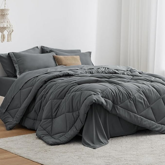 Love's cabin Queen Comforter Set Dark Grey, 7 Pieces Queen Bed in a Bag, All Season Bedding Sets with 1 Comforter, 1 Flat Sheet, 1 Fitted Sheet, 2 Pillowcase and 2 Pillow Sham | Soft, Breathable, Lightweight, Comfortable