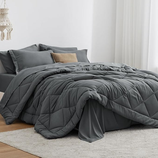 Love's cabin Twin Comforter Set Dark Grey, 5 Pieces Twin Bed in a Bag, All Season Bedding Sets with 1 Comforter, 1 Flat Sheet, 1 Fitted Sheet, 1 Pillowcase and 1 Pillow Sham | Soft, Breathable, Lightweight, Comfortable