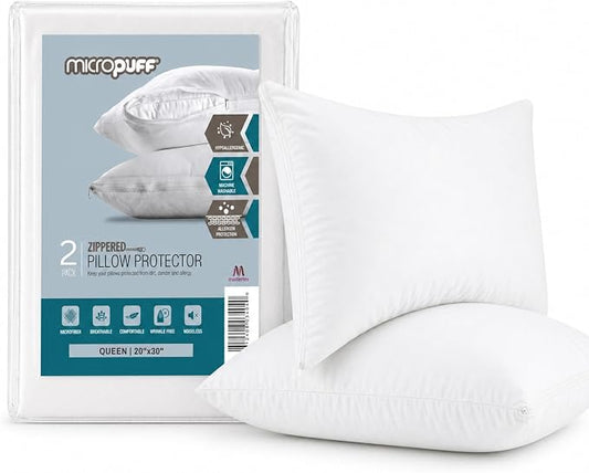 Micropuff Queen Size Pillow Protectors with Zipper - 2 Pack - Soft and Breathable Pillow Cover. Pillowcase Protects Against Stains, Spills, and Perspiration. (20 x 30)