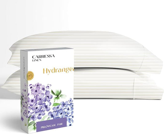 Carressa Linen 100% Egyptian Cotton King Size Pillow Cases Set of 2 - Luxury 600 Series Hydrangeas Collection Damask King Pillowcases (Ivory Stripe), Soft, Cooling Breathable Sateen Hotel Quality