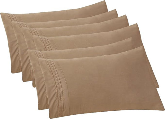 Elegant Comfort 6-PACK Solid Pillowcases 1500 Premium Hotel Quality Microfiber - Smooth Weave, Wrinkle and Stain Resistant, Easy Slip-On, 6-Piece Set, Standard/Queen Pillowcase, Taupe