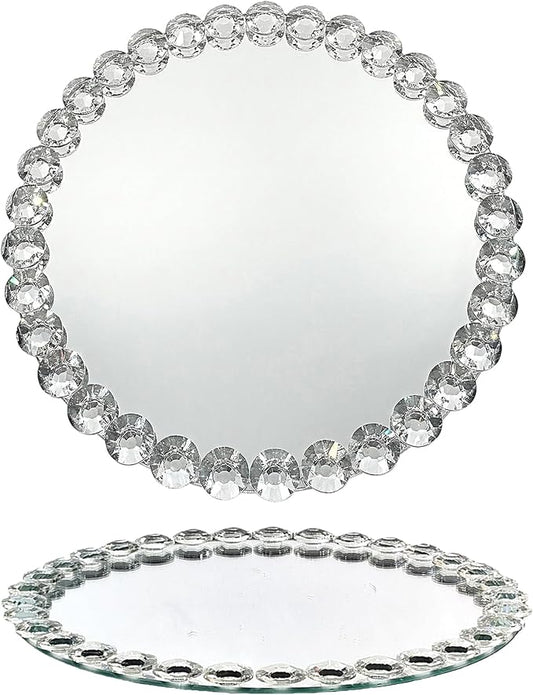 2-Pack Round Mirror Tray 12 Inch, Crystal Bead Vanity Tray, Mirrored Perfume Organizer Jewelry Display, Decorative Tray for Bathroom Dresser Coffee Table Hotel Banquet, Silver Home Decor