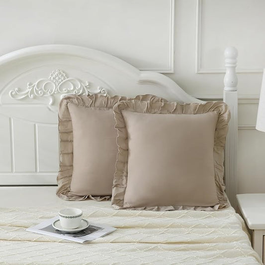 Merryword Taupe Pillowcases 18x18 Throw Pillow Covers Pack of 2 Soft Microfiber Ruffle Decorative Pillowcase Cushion for Couch Sofa Bedroom