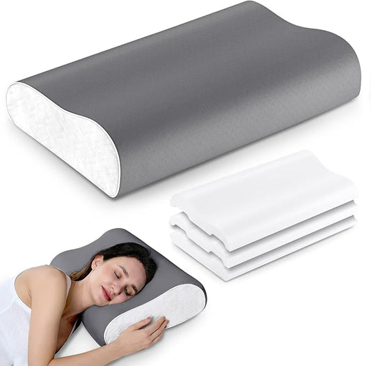 Elviros Memory Foam Pillows for Neck Pain Relief, Adjustable Height Cooling Bed Pillow for Sleeping, Ergonomic Orthopedic Cervical Neck Pillow for Side and Back Sleepers, Queen Size, 23.6"×14"×5.3"