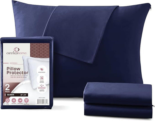CirclesHome Pillow Protectors 2 Pack Queen Zippered - 100% Cotton Breathable Pillowcases - Protects Pillows from Dirt, Dust and Debris (Queen- Set of 2 - 20x30)