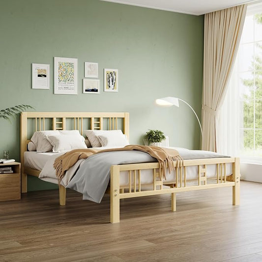 14 Inch High Bamboo Full Size Bed Frame with Headboard and Footboard, Wood Full Bed Frame No Box Spring Needed Heavy Duty, Metal Slat Support, Easy Assembly, Noise Free, Reinforced
