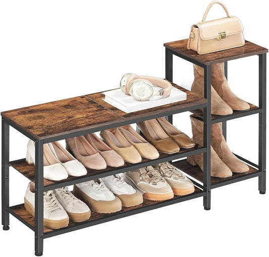 YATINEY 3-Tier Shoe Rack Bench, Wooden Shoe Storage Bench, Industrial Entryway Bench with Storage, Multi-Functional Shoe Rack with Seat for Bedroom, Hallway, Living Room, Rustic Brown and Black HX05BR