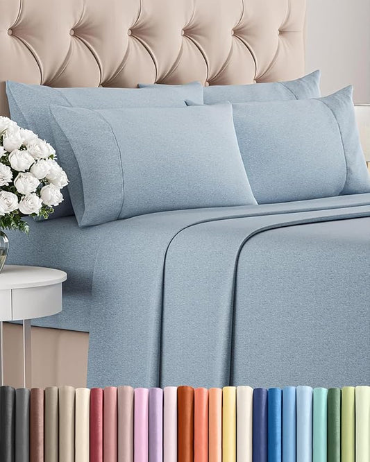 Cal King 6 Piece Sheet Set - Comfy, Breathable & Cooling - Soft Hotel Luxury Bedding for Women, Men, Kids, Teens & Children - 1 Flat & 1 Fitted Sheet & 4 Pillowcases w/ Deep Pockets - Heathered Blue