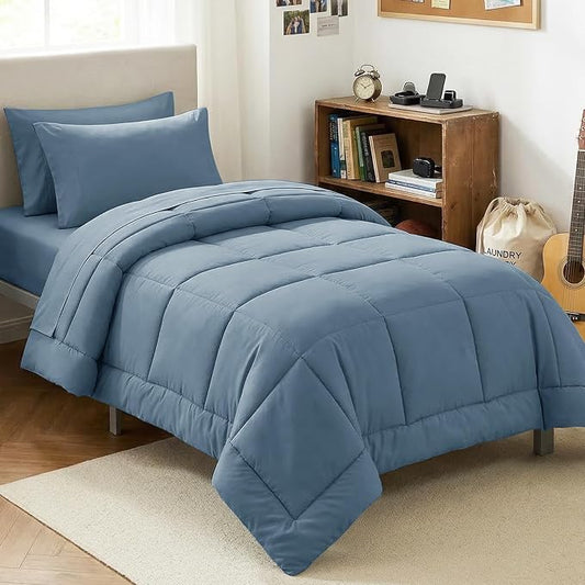 CozyLux Twin Comforter Set with Sheets Mineral Blue, 5 Pieces Bed in a Bag, Blue Comforter Twin Size, All Season Bedding Set with Stitch Quilted Comforter, Flat Sheet, Fitted Sheet, Pillowcases