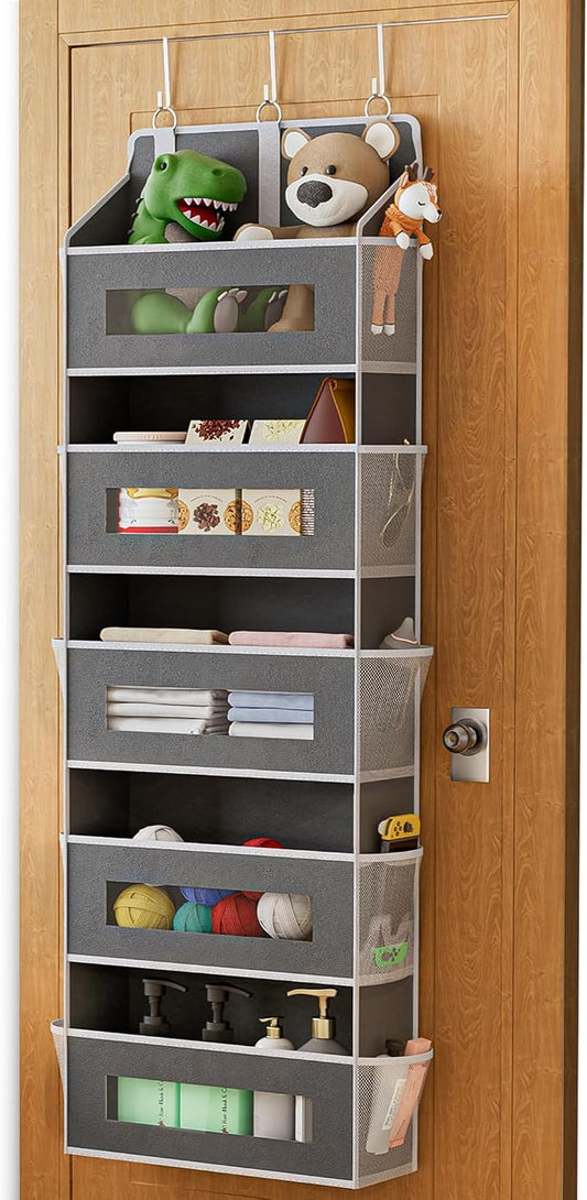 5 Tier Over The Door Organizer - Large Capacity Behind Door Hanging Shelves with 10 Mesh Pockets and Clear Windows, Closet Organizers and Storage for Bathroom, Bedroom, Nursery, Grey