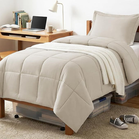 CozyLux Twin/Twin XL Comforter Set Beige - 270GSM Box Stitched Bedding Set for College Dorm & Back to School, Lightweight All Season for Teen Boys, Girls, 2 Pcs with Comforter and Pillow Sham