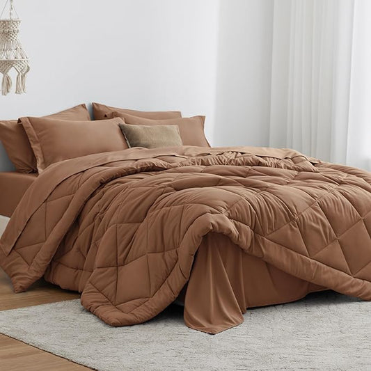 Love's cabin Queen Comforter Set Mocha Mousse, 7 Pieces Queen Bed in a Bag, All Season Bedding Sets with 1 Comforter, 1 Flat Sheet, 1 Fitted Sheet, 2 Pillowcase and 2 Pillow Sham | Soft, Breathable, Lightweight, Comfortable