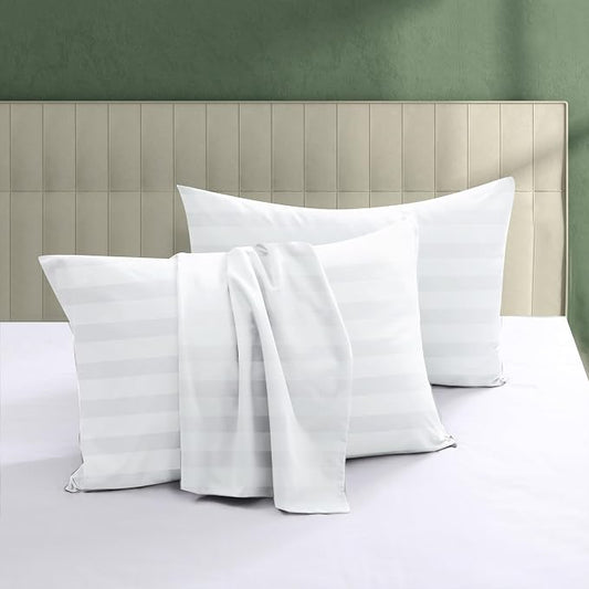 100% Egyptian Cotton Pillow Protectors Set of 2, 600 Thread Count Queen Size Bed Pillow Cases with Zipper, Sateen Weave Cooling Pillow Cases Quiet and Breathable Easy Care (2PCS, Striped White)