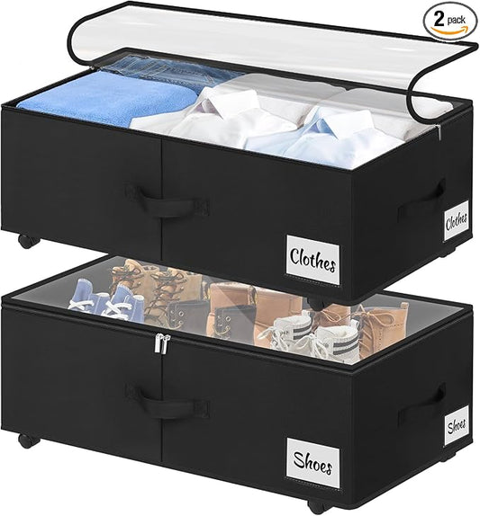 Under Bed Storage with Wheels, 2-Pack 10" Height XXL 60L Rolling Storage Bins, Quick Assembly Underbed Shoe Storage Containers with Clear Lid & Label, Dorm Under Bed Drawers for Clothes, Shoes, Grey