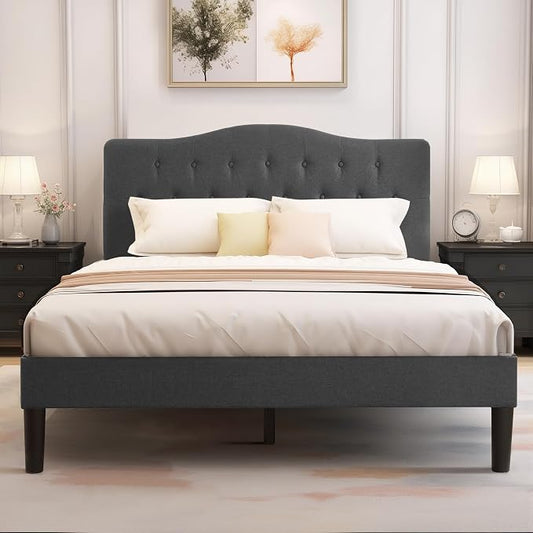 VECELO Full Size Platform Bed Frame with Fabric Upholstered Headboard and Wooden Slats Support, No Box Spring Needed/Easy Assembly,Grey