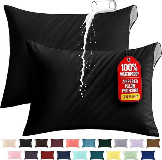 Utopia Bedding Premium 100% Waterproof Pillow Protectors with Zipper Standard Size (Set of 2), Bed Bug and Dust Mite Proof Zippered Pillow Covers, Pillow Encasement Cases, Black
