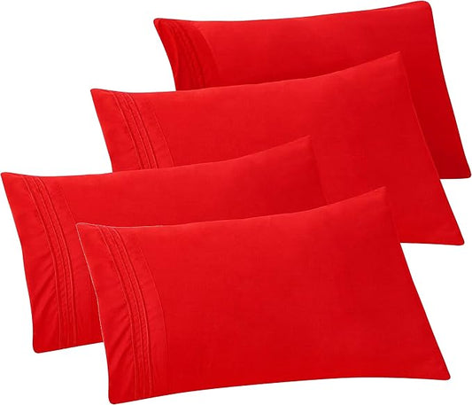 Elegant Comfort 4-PACK Solid Pillowcases 1500 Premium Hotel Quality Microfiber - Smooth Weave, Wrinkle and Stain Resistant, Easy Slip-On, 4-Piece Set, Standard/Queen Pillowcase, Red