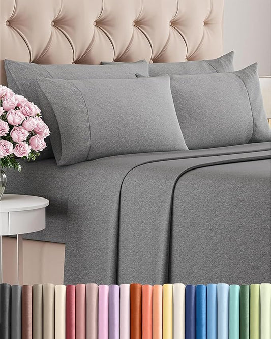 Cal King 6 Piece Sheet Set - Comfy, Breathable & Cooling - Soft Hotel Luxury Bedding for Women, Men, Kids, Teens & Children - 1 Flat & 1 Fitted Sheet & 4 Pillowcases w/ Deep Pockets - Heathered Grey