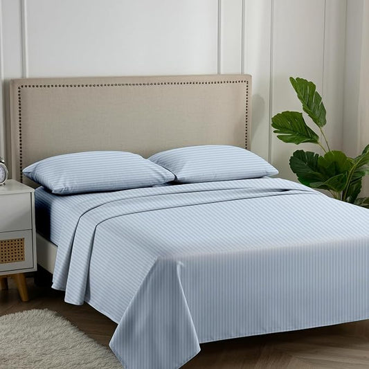 Carressa Linen Luxury Egyptian Cotton Queen Stripe Sheet Set - 600 Series Hydrangeas Collection Long Staple Queen Damask Sheets Set (4 PC, Light Blue Stripe), Sateen Sheets Upto 18 in Deep Pocket