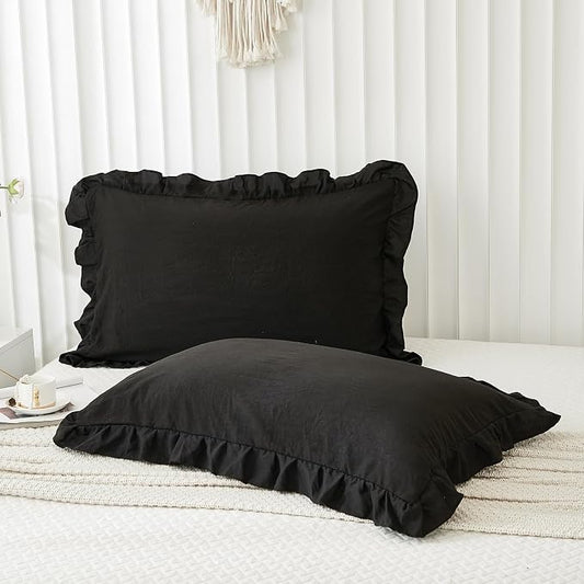 Black Pillowcases King Pillowcases Ruffled Pillow Shams Set of 2 Cute Pillowcases Solid Ruffled Fringe Design Shabby Chic 2 Pack (King (20''x36''), Black)
