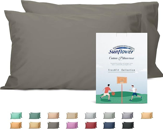 Sunflower Queen Pillowcases Set of 2, 100% Cotton Queen Size Pillow Cases 2, 20×30 inches Taupe Gray, Soft and Breathable