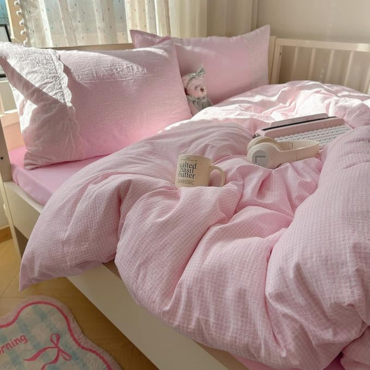 mixinni Pink Gingham Duvet Cover Queen Size - 3 Piece Cottagecore Plaid Bedding Set with Lace Trim, Soft Washed Microfiber Vintage Aesthetic Grid Comforter Cover & Pillow Shams, (Pink White Gingham)