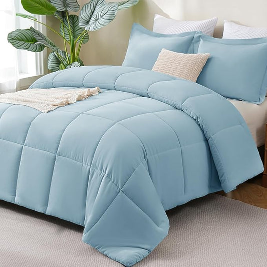 CozyLux King Size Comforter Set - 270GSM Light Blue Bedding Sets for All Seasons Size, 3 Pieces Box Stitched Bed Set with 1 Down Alternative Comforter and 2 Pillow Shams, Soft, Lightweight, Durable