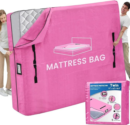 Mattress Bags for Moving and Storage, BETU Twin Mattress Protector Waterproof Mattress Cover with 8 Heavy Duty Handles and Zipper Extra Thick Moving Supplies for Dorm Bed Reusable (77x42x13.5 Pink)
