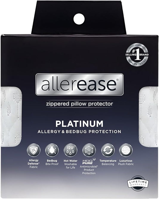 AllerEase Platinum Allergy Defense Particles Proof Temperatur Balancing Luxurious Plush Fabric Machine Washable Durable Zippered Pillow Protector, King Size, White