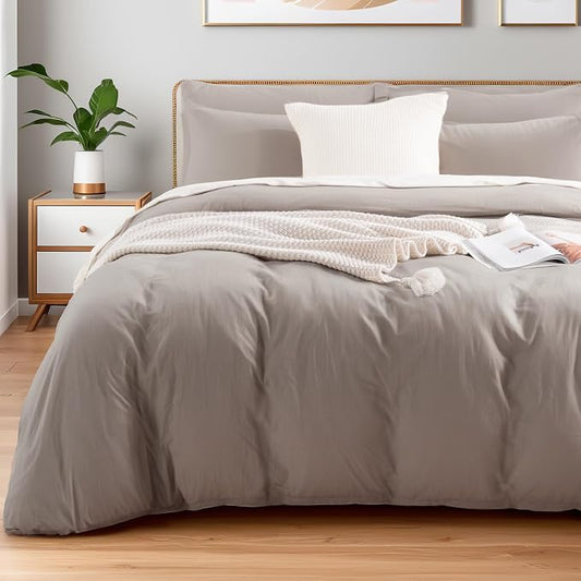 NEXHOME PRO Duvet Cover Set Queen Size Linen Look Textured Organic Natural 100% Washed Cotton Duvet Cover Linen Grey 3 Pieces Bedding Set with Zipper Closure, Breathable, Soft (No Comforter)