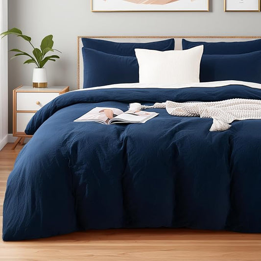 NEXHOME PRO Duvet Cover Set 100% Washed Cotton Oversized Queen 98"x98", Organic Natural Linen Look Textured 3 Pieces Bedding Set with Zipper Closure, Breathable (No Comforter) 9898