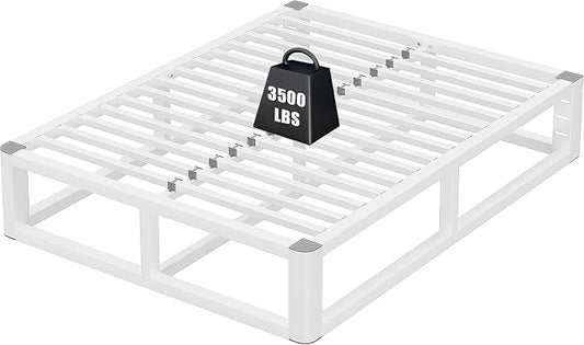 14 Inch Queen Bed Frame with Rounded Corner and Headboard Hole, Metal Platform Bed Frames 6 Non-Slip Guards, 3500lbs Heavy Duty Steel Slat Support, Squeak Free, No Box Spring Needed, White
