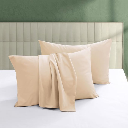 100% Egyptian Cotton Pillow Protectors Set of 2, 600 Thread Count Standard Size Bed Pillow Cases with Zipper, Sateen Weave Cooling Cases Quiet and Breathable Easy Care (2PCS,Beige)