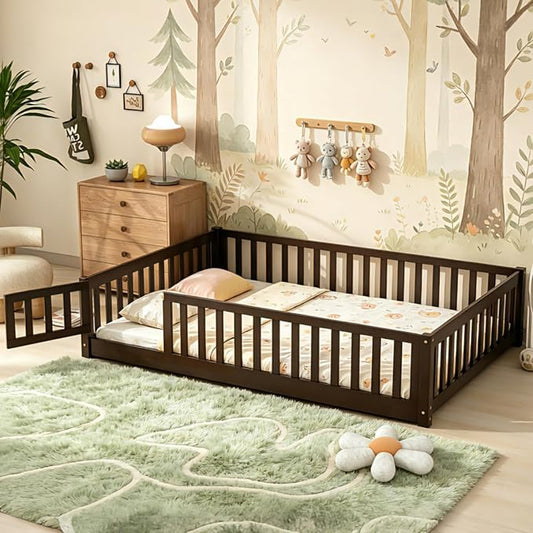 Bellemave Full Size Montessori Floor Bed Frame with Rails & Door, Solid Wood Kids Floor Bed Full with Removable Slats, Low Profile Montessori Bed for Children’s Sleep & Play, Espresso