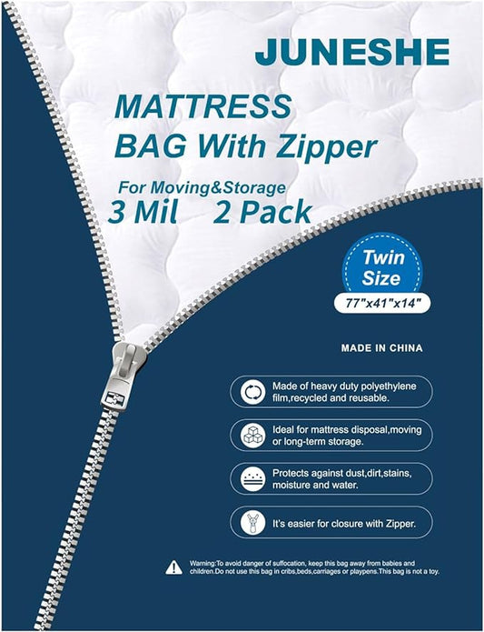 2PK 3 Mil Twin Size Mattress Bags with Zipper for Storage Moving,Plastic Waterproof Mattress Protector Cover Moving Supplies