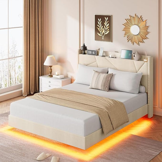 Garvee Full Size Floating Bed Frame with RGB LED Lights and Charging Station, Upholstered Platform Bed with Storage Headboard and Button Tufted Design, No Box Spring Needed, Beige