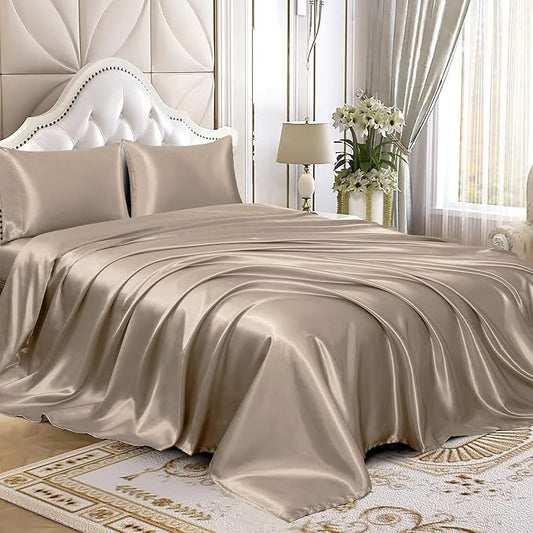 Homiest 3pcs Satin Sheets Set Luxury Silky Satin Bedding Set with Deep Pocket, 1 Fitted Sheet + 1 Flat Sheet + 1 Pillowcase (Twin Size, Taupe)