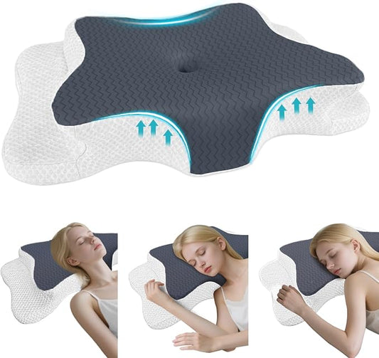 CHxxy Cervical Pillow for Neck Pain Relief, Memory Foam Pillows, Ergonomic Contour Bed Pillow, Soft for Side Sleep Stomach Sleeping and Back Sleepers-Queen Size Dark Grey&White