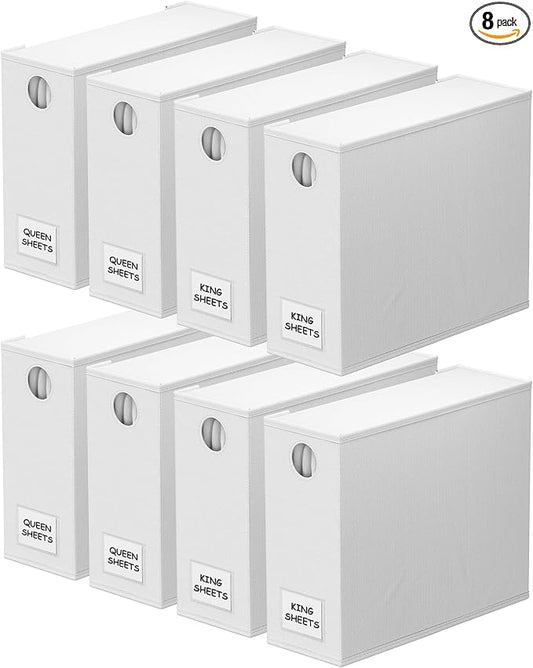 SpaceAid 8 Pack Bed Sheet Organizers and Storage, Foldable Organizer for Linen Closet, Sheets Set Folder Keeper with Window XL (Queen & King Size) Organizing Bedding Container, White 91ZDSN-SL24-W8