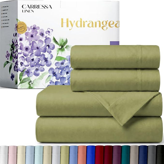 Carressa Linen 100% Egyptian Cotton Full Size Sheets - 600 Series Hydrangeas Collection Full Size Egyptian Cotton Sheets (4 PC, Sage Green), 16" Deep Pocket Sateen Weave Luxury Hotel Bed Sheet Set
