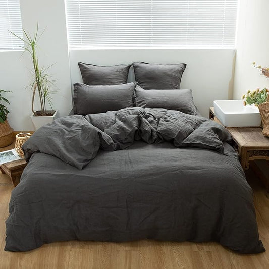Simple&Opulence 100% Linen Duvet Cover Set 2pcs Basic Style Natural French Washed Flax Solid Color Soft Breathable Farmhouse Bedding with Button Closure - Dark Grey, Twin