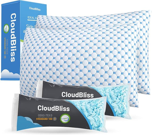 CloudBliss Cooling Bed Set of 2 Pillows for Sleeping, Shredded Memory Foam Pillows with Washable & Breathable Pillowcase, Adjustable Height Pillow for Side, Back and Stomach Sleepers, Standard Size