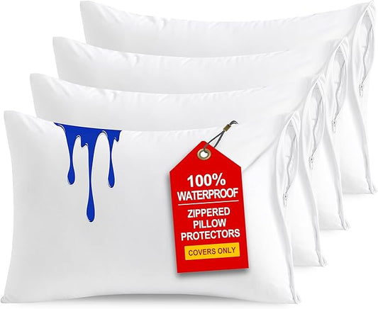 NTBAY 4 Pack Zippered Waterproof Standard Pillow Protectors, Super Soft Quiet Zip Pillow Protectors, 20x26 Inches Jersey Pure White Waterproof Pillow Cases Covers